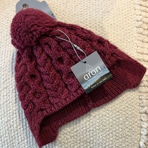 Aran Crafts Kids Cable Knit Pom-Pom Hat - Burgundy